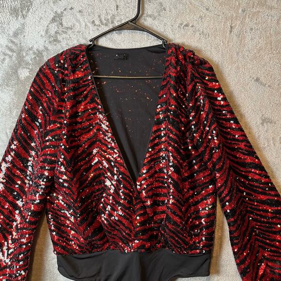 NBD Rochelle Size Medium Bodysuit in Red & Black‎ Long Sleeve - Picture 3 of 7